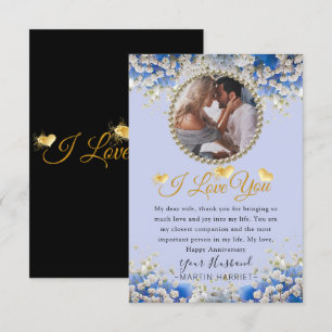 Blue Elegant Flowers Photo Wife Anniversary Card