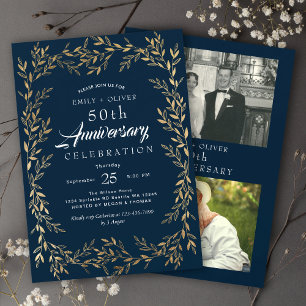 Blue Elegant Gold Leaf Anniversary Photo Invitation