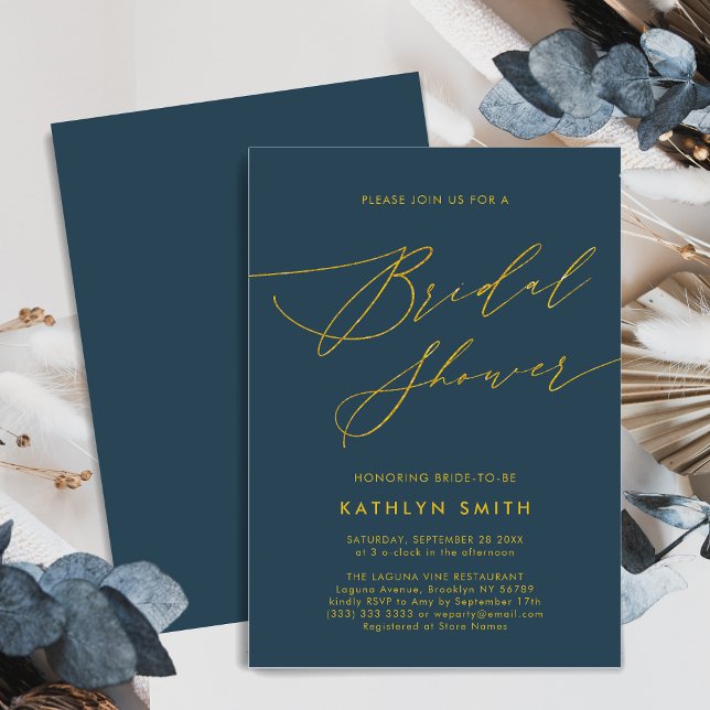 Blue Elegant Gold Script Minimalist Bridal Shower Invitation (Creator Uploaded)