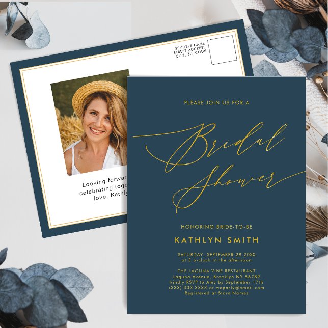 Blue Elegant Gold Script Minimalist Bridal Shower Invitation Postcard (Creator Uploaded)