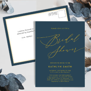 Blue Elegant Gold Script Minimalist Bridal Shower Invitation Postcard