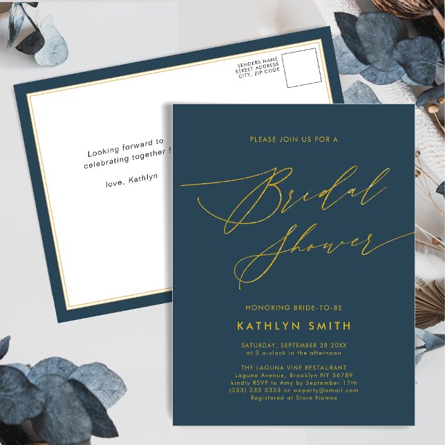 Blue Elegant Gold Script Minimalist Bridal Shower Invitation Postcard (Creator Uploaded)