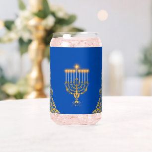 Blue Elegant Hanukkah Golden Menorah Can Glass