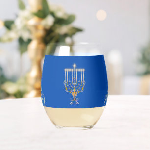 Blue Elegant Hanukkah Silver Menorah  Stemless Wine Glass
