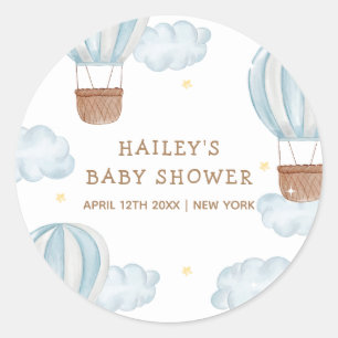 Blue Elegant Hot Air Balloon Cloud Boy Baby Shower Classic Round Sticker