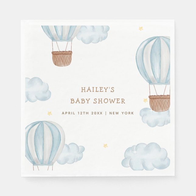 Blue Elegant Hot Air Balloon Cloud Boy Baby Shower Napkin (Front)