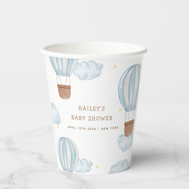 Blue Elegant Hot Air Balloon Cloud Boy Baby Shower Paper Cups (Front)