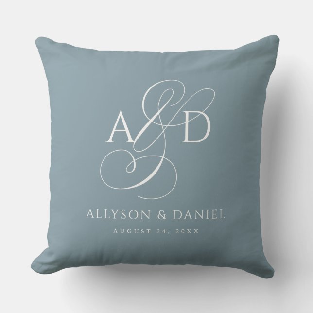 Blue Elegant Initial Script Monogram Wedding Cushion (Front)