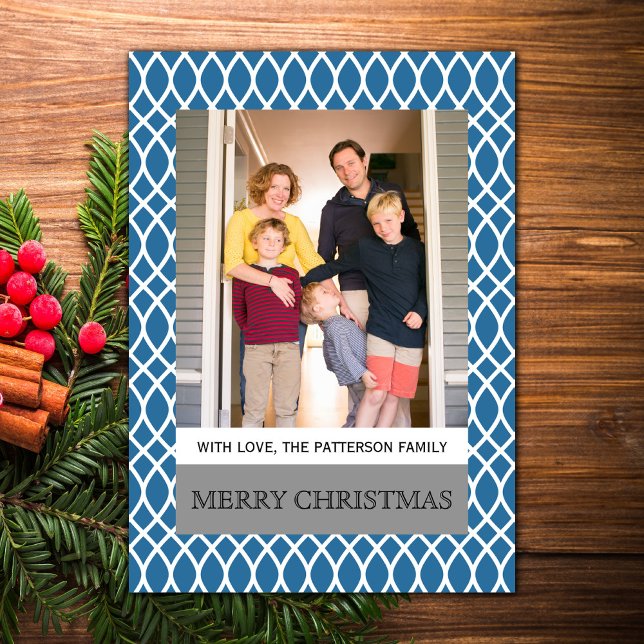 Blue Elegant Lattice Holiday Photo Flat Card (Blue Elegant Lattice Holiday Photo Card)