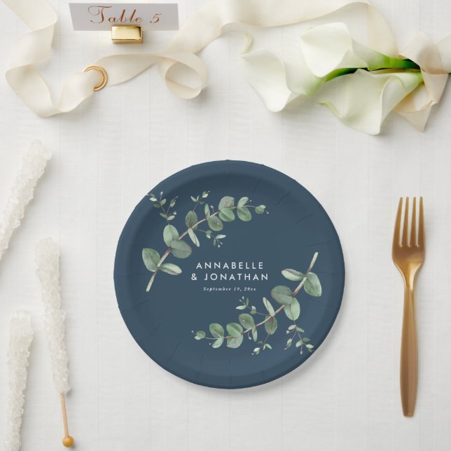 Blue elegant modern eucalyptus foliage wedding paper plate (Wedding)