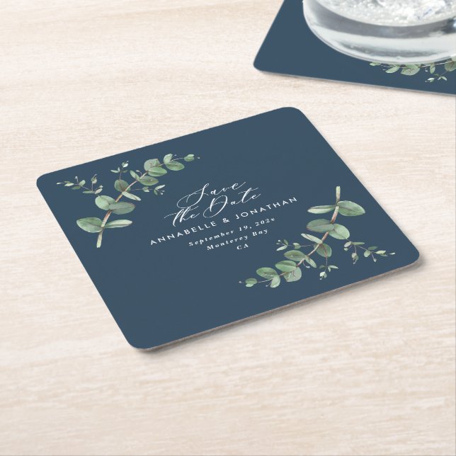 Blue elegant modern eucalyptus save the date chic square paper coaster (Angled)