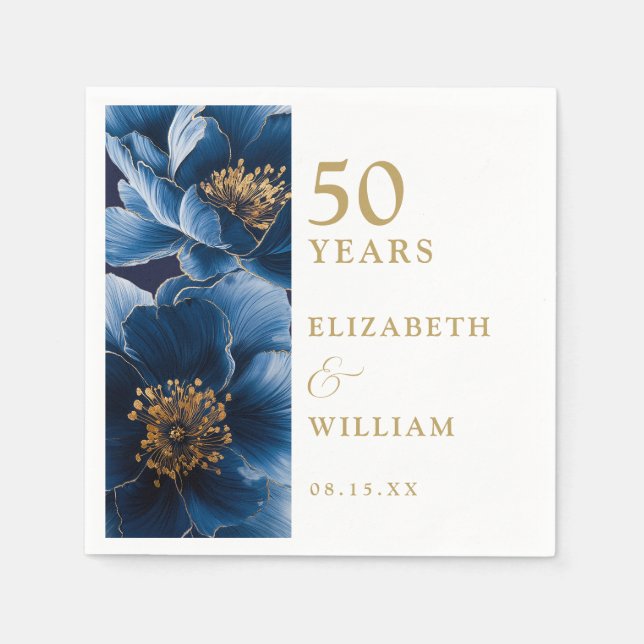 Blue Elegant Modern Floral 50th Anniversary Napkin (Front)