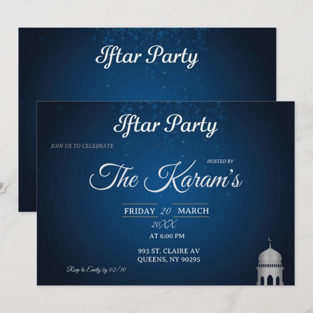 Blue Elegant Mosque Ramadan Iftar Party  Invit Invitation (Front/Back)
