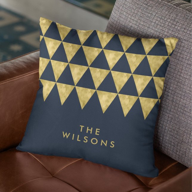 Blue Elegant Name Faux Gold Triangle Pattern Cushion (Creator Uploaded)