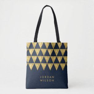 Blue Elegant Name Faux Gold Triangle Pattern Tote Bag