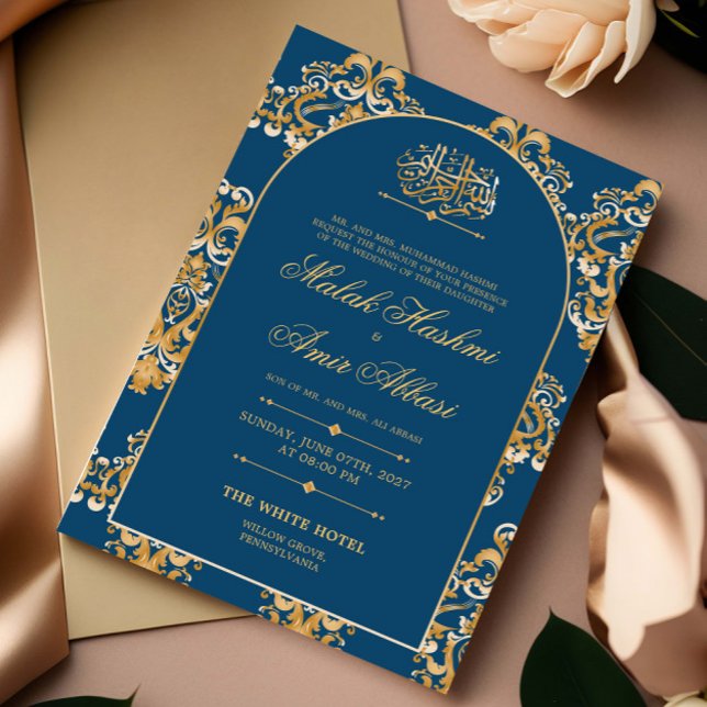 Blue Elegant Pattern Gold Islamic Muslim Wedding Invitation (Creator Uploaded)