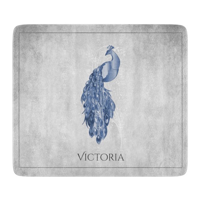 Blue Elegant Peacock Personalised Cutting Board (Front)