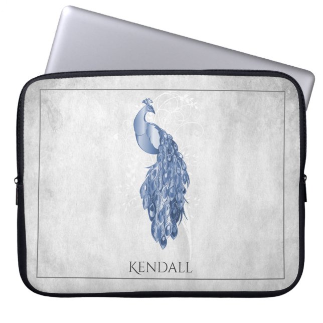 Blue Elegant Peacock Personalised Laptop Sleeve (Front)