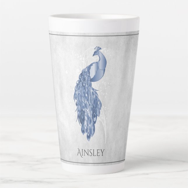 Blue Elegant Peacock Personalised Latte Mug (Front)