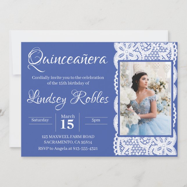 Blue Elegant Quinceanera Photo Invitations (Front)