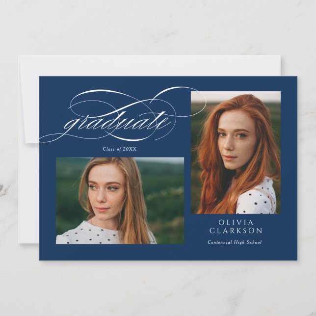 Blue Elegant Script 3 Photo Graduation Party Invitation (Front)