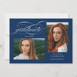 Blue Elegant Script 3 Photo Graduation Party Invitation