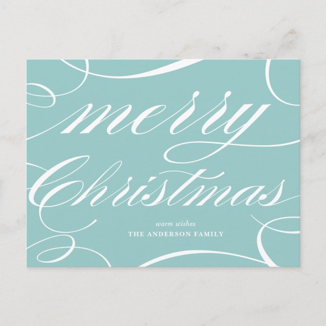 Blue Elegant Script Flourish Merry Christmas Holiday Postcard (Front)