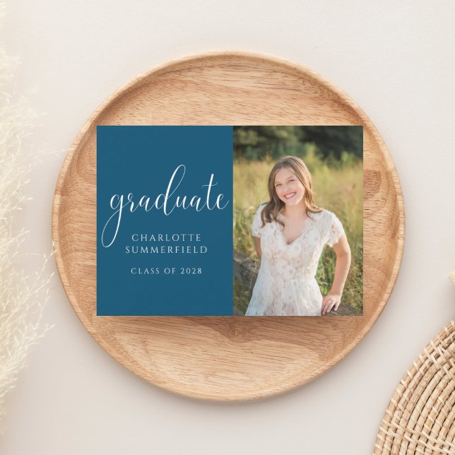 Blue Elegant Script Graduation Photo Invitation (Creator Uploaded)
