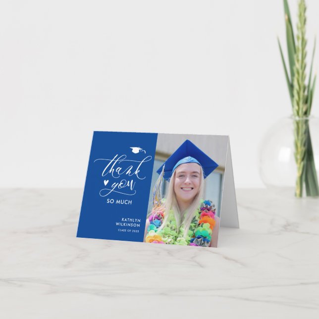 Blue Elegant Script Minimalist Photo Graduation Thank You Card (Front)