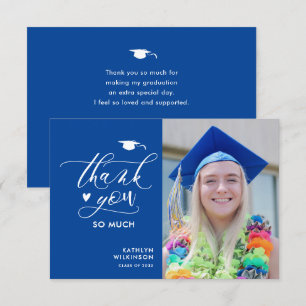 Blue Elegant Script Minimalist Photo Graduation Thank You Card