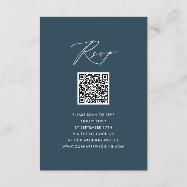 Blue Elegant Script Minimalist QR Wedding RSVP Enclosure Card (Front)