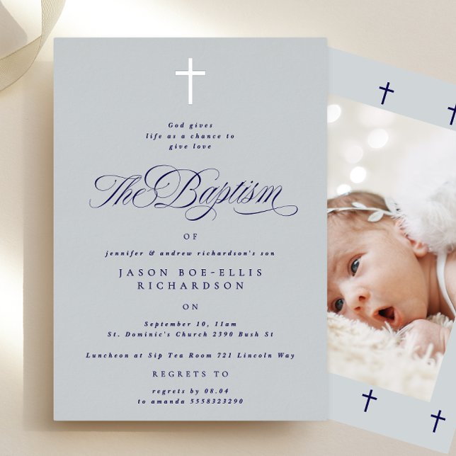 Blue Elegant Silver Cross Boy Baptism Photo Invite (Creator Uploaded)