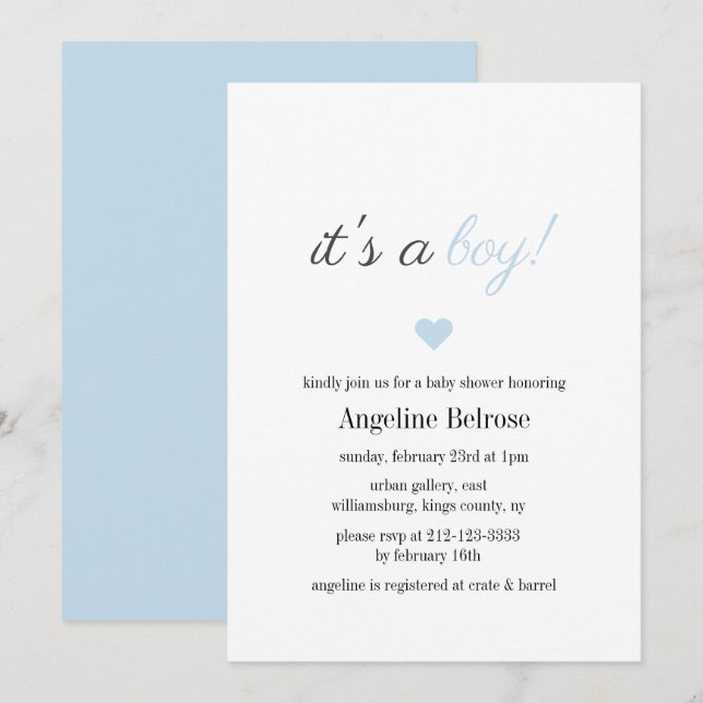 Blue Elegant Simple Boy Baby Shower Invitation (Front/Back)