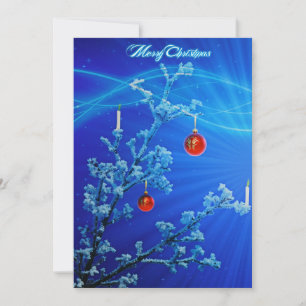 Blue Elegant Snow Stars Balls Tree Merry Christmas Holiday Card