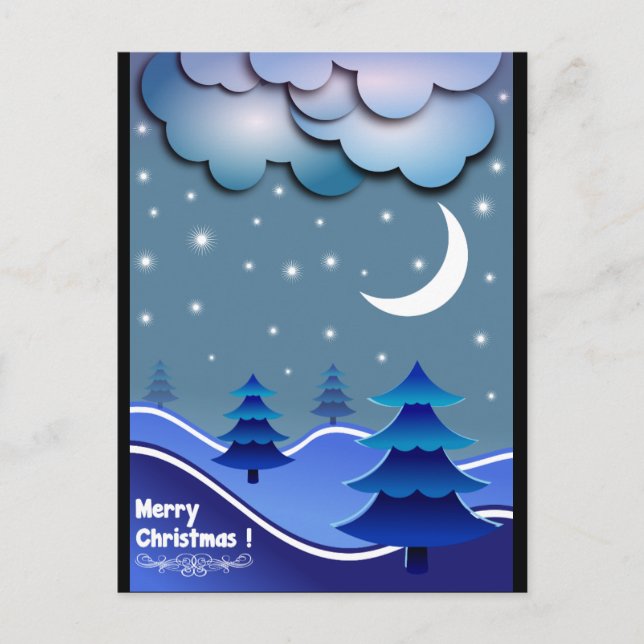 Blue Elegant Snow Stars Balls Tree Merry Christmas Holiday Postcard (Front)