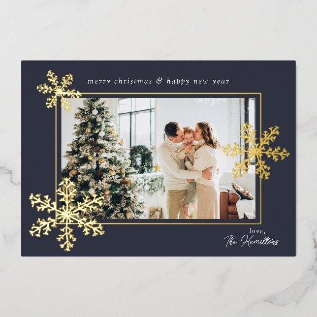 Blue Elegant Snowflakes Photo Foil Holiday Card (Front)