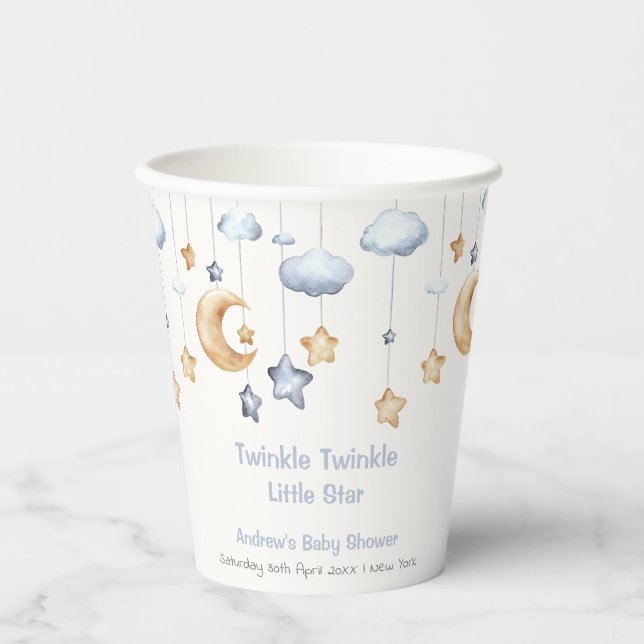 Blue Elegant Twinkle Twinkle Baby Shower Paper Cups (Front)