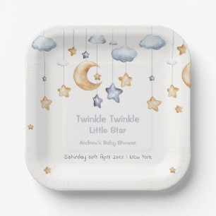 Blue Elegant Twinkle Twinkle Baby Shower Paper Plate