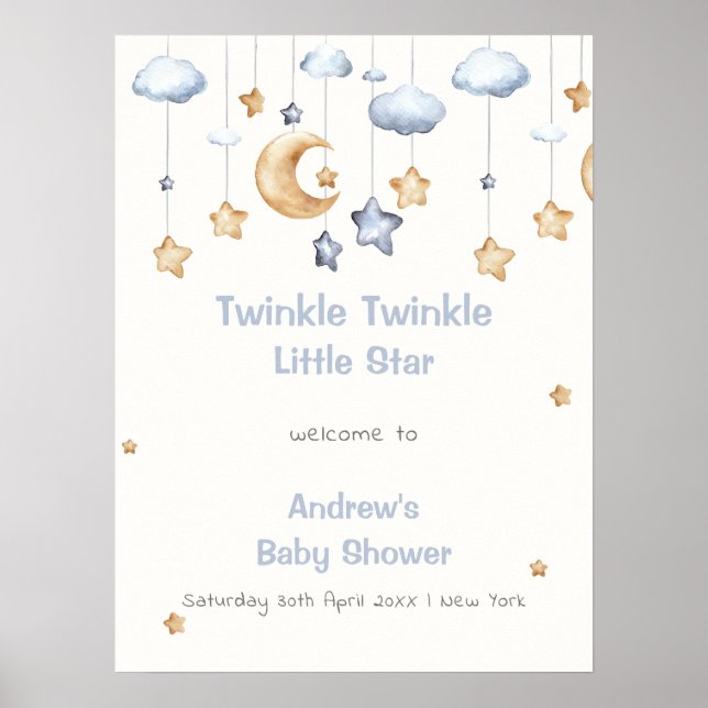 Blue Elegant Twinkle Twinkle Baby Shower Welcome Poster (Front)