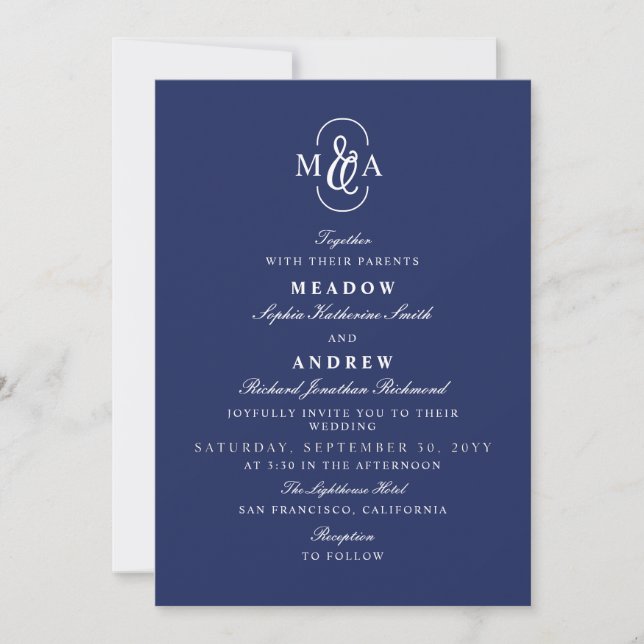 Blue Elegant Typography Ampersand Monogram Wedding Invitation (Front)