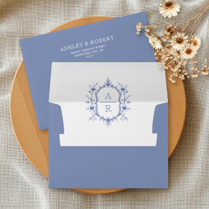 Blue elegant vintage floral crest monogram wedding envelope