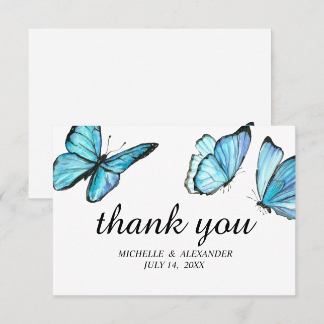 Blue elegant watercolor butterflies Thank You Invitation (Front/Back)