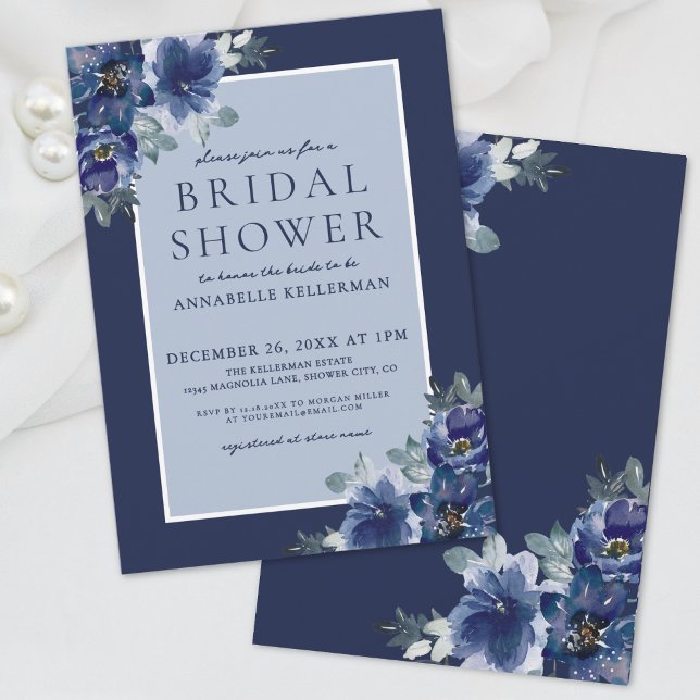 Blue Elegant Watercolor Floral Bridal Shower Invitation (Blue Elegant Watercolor Floral Bridal Shower Invitation)