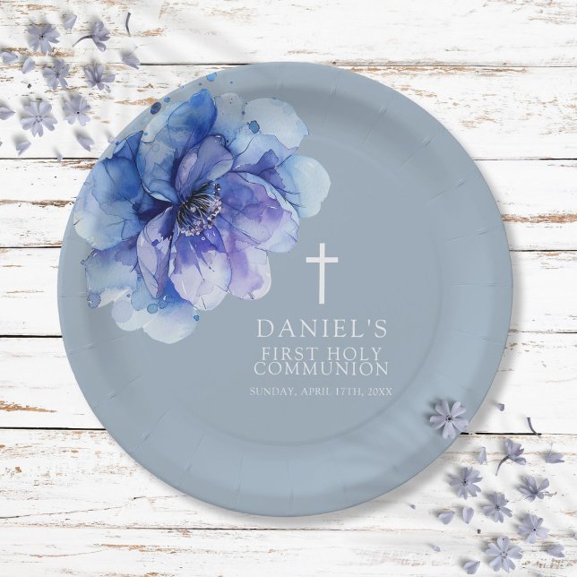 Blue Elegant Watercolor Floral Holy Communion Paper Plate (Blue Elegant Watercolor Floral Holy Communion Paper Plates)