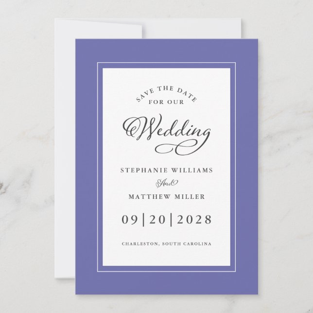 Blue Elegant Wedding Chic Script Border Save The Date (Front)
