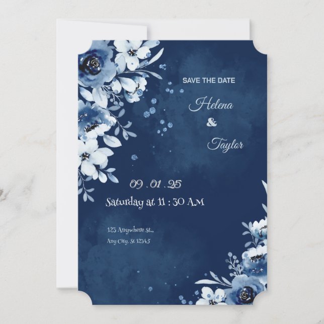 Blue Elegant Wedding Save The Date Invitation (Front)