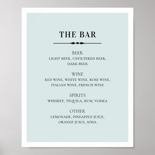 Blue elegant wedding. Simple alcohol drinks bar Poster (Front)