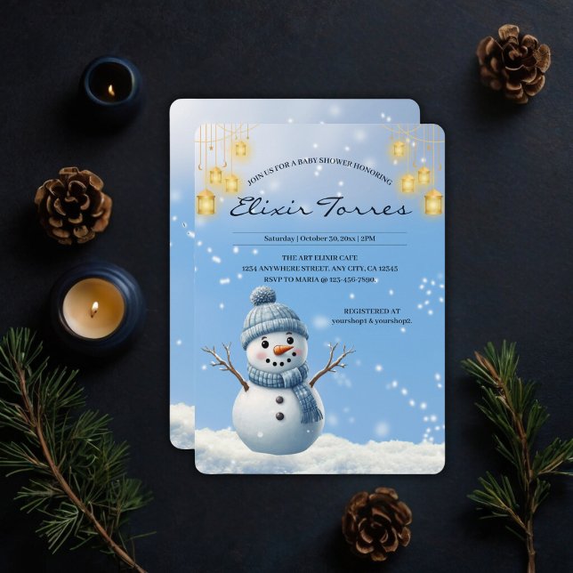 Blue Elegant Whimsical Winter Snowman Baby Shower  Invitation (Creator Uploaded)