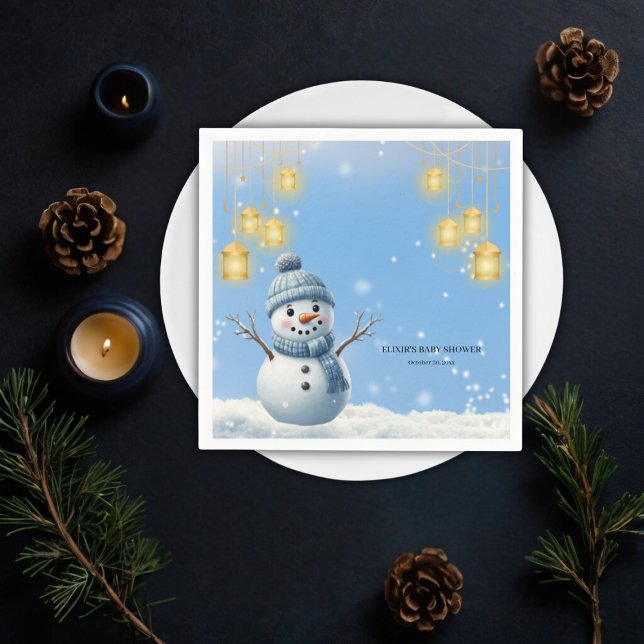 Blue Elegant Whimsical Winter Snowman Baby Shower  Napkin (Creator Uploaded)
