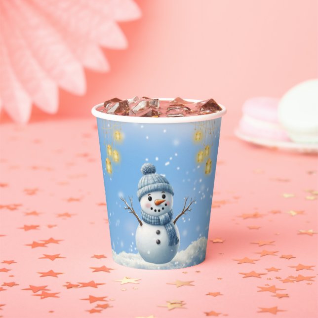 Blue Elegant Whimsical Winter Snowman Baby Shower Paper Cups (Insitu)